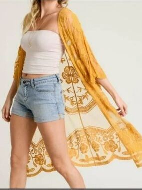 Dizzy Lizzy Mustard Embroidered Sheer Kimono Duster